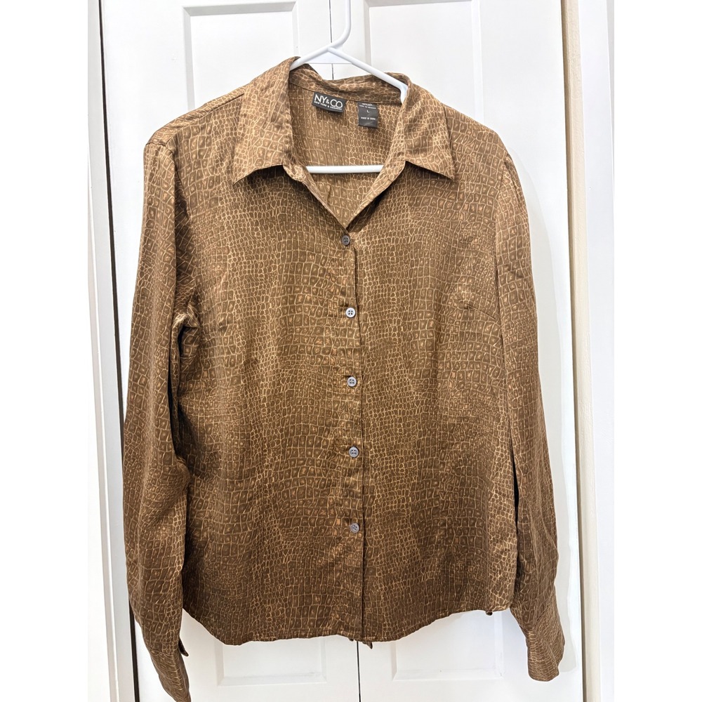 NY&CO 100% Silk Brown Crocodile print Bow Blouse Large